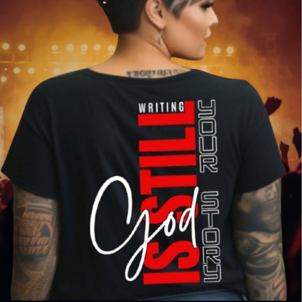 Black Graphic T-Shirt with Red and White Text
